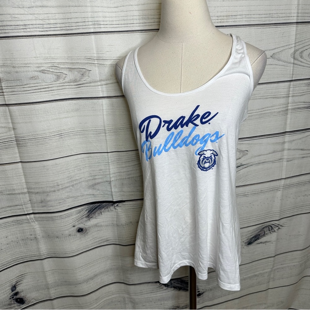 White racerback workout tank, Drake Bulldogs print